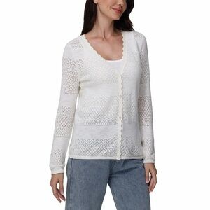 FRYE Pointelle Button Down Lightweight Cardigan Sweater Cream